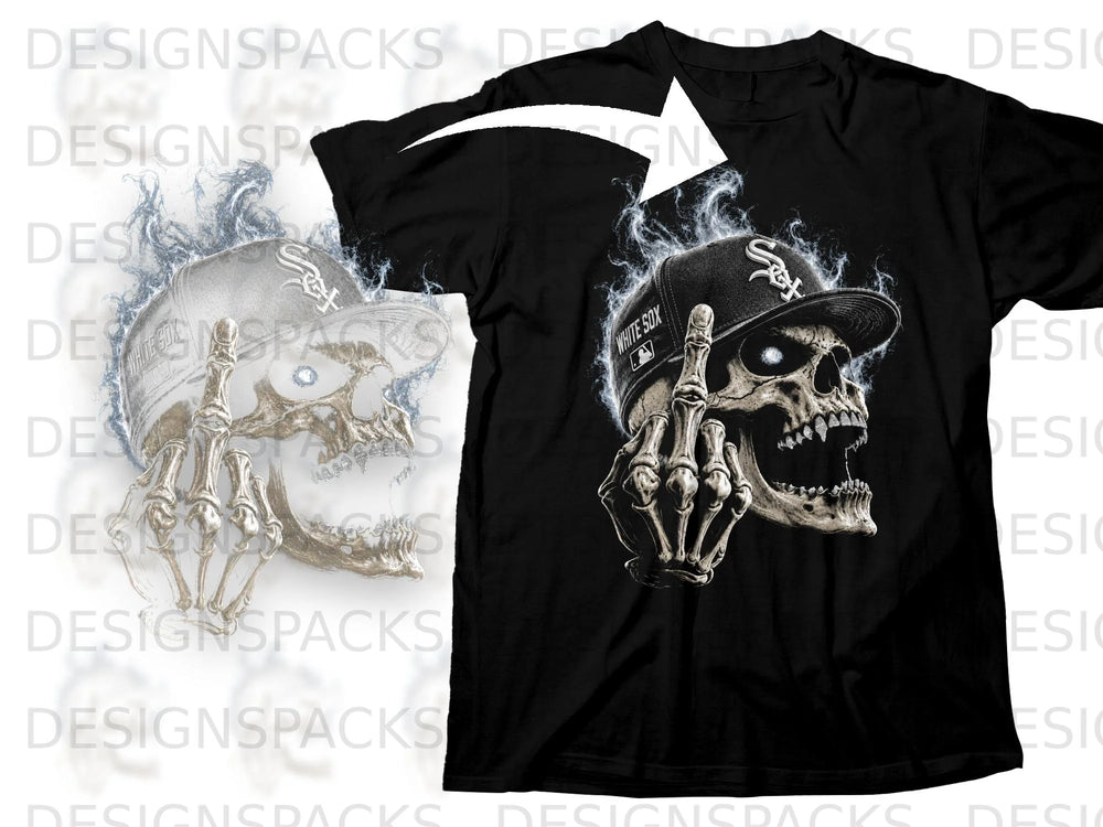 Black t-shirt featuring a skull wearing a White Sox hat and giving the middle finger.