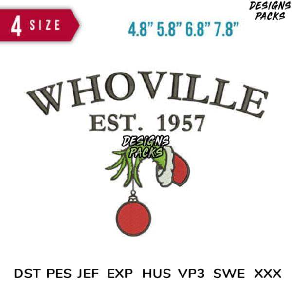 Whoville EST 1957 Christmas embroidery design with red ornament and green hand, available in multiple sizes and formats