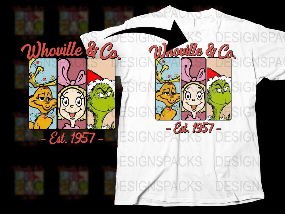 Whoville and Co Est. 1957 Cartoon Character T-Shirt, Vintage Graphic Tee, Fun Family Apparel, Unique Gift Idea