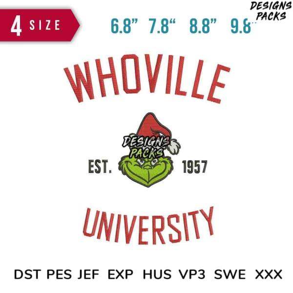 Whoville University embroidery design with Grinch, available in multiple sizes and formats