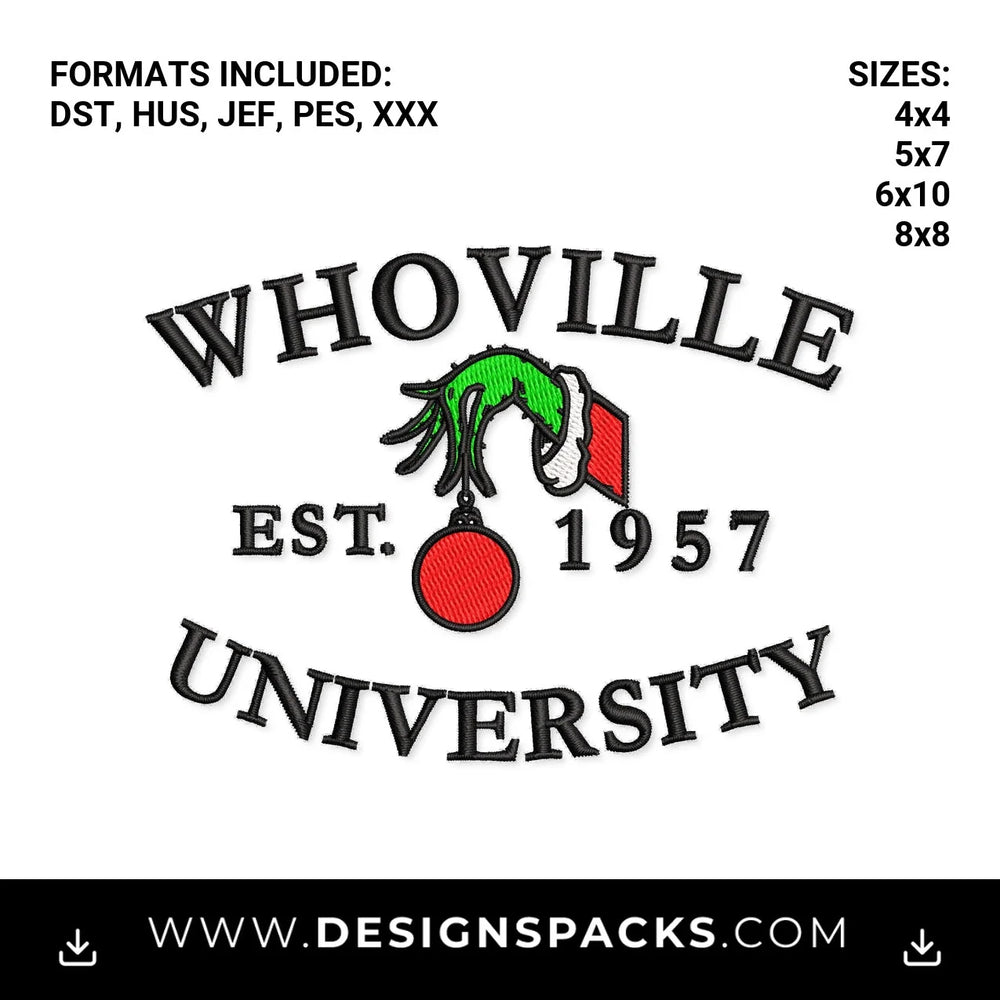 Whoville University Est. 1957 Embroidery Design - Instant digital download pattern at Designspacks.com