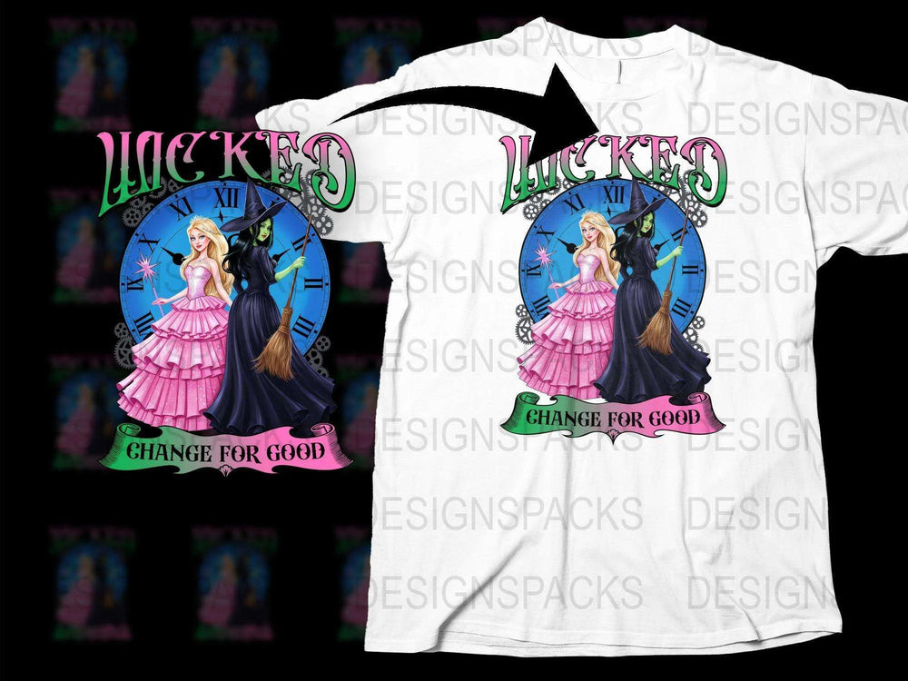Wicked Musical Inspired T-Shirt, Broadway Fan Art, Witch Clock Design, Pink Dress Graphic Tee, Theatre Lover Gift