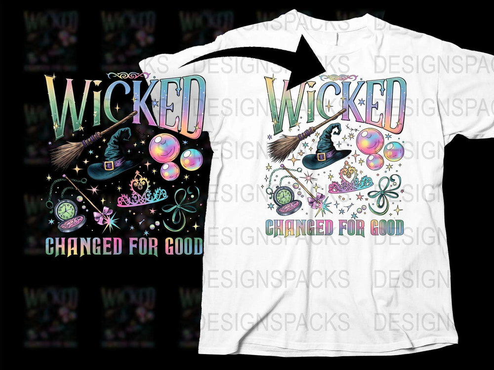 Wicked Changed For Good T-Shirt, Witch Broomstick, Bubble Graphics, Unique Witchy Apparel, Gift for Theatre Fans, Black and White Tee
