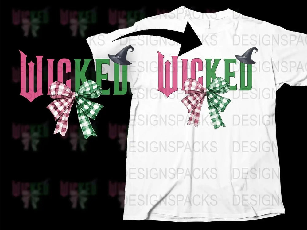 Wicked Text Buffalo Plaid Bows Graphic T-Shirt, Festive Holiday Tee, Christmas Casual Fashion, Trendy Winter Apparel