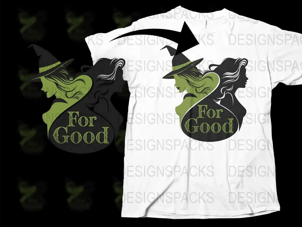 Witch Profile Graphic T-Shirt, 'For Good' Slogan, Black and White Tee, Witchy Halloween Fashion, Women's Casual Apparel