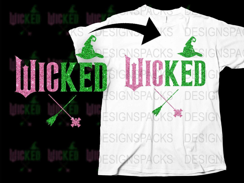 Wicked Witch Glitter T-Shirt, Magical Witch Hat and Wand Sparkle Tee, Halloween Costume Party Apparel, Unique Graphic Tee Design
