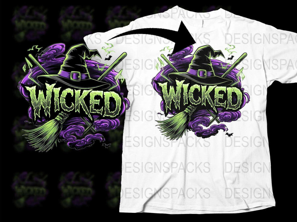 Wicked Witch Graphic T-Shirt, Halloween Witch Hat and Broom Design, Purple Green Spooky Tee, Unisex Casual Wear