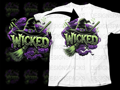 Wicked Witch Graphic T-Shirt, Halloween Witch Hat and Broom Design, Purple Green Spooky Tee, Unisex Casual Wear