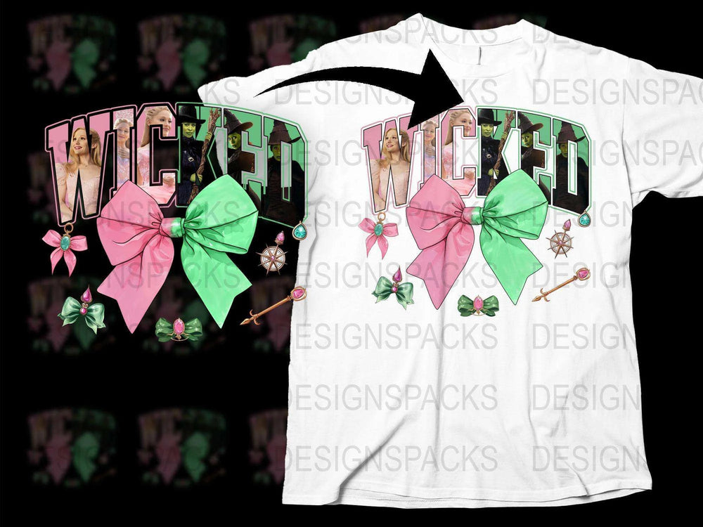 Wicked Broadway Themed Graphic T-Shirt, Pink Bow Floral Design, Star Wand Motif, Musical Theater Fan Apparel