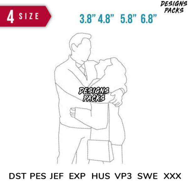 Embroidery design of couple embracing, available in DST PES JEF formats, 4 sizes for print-ready use