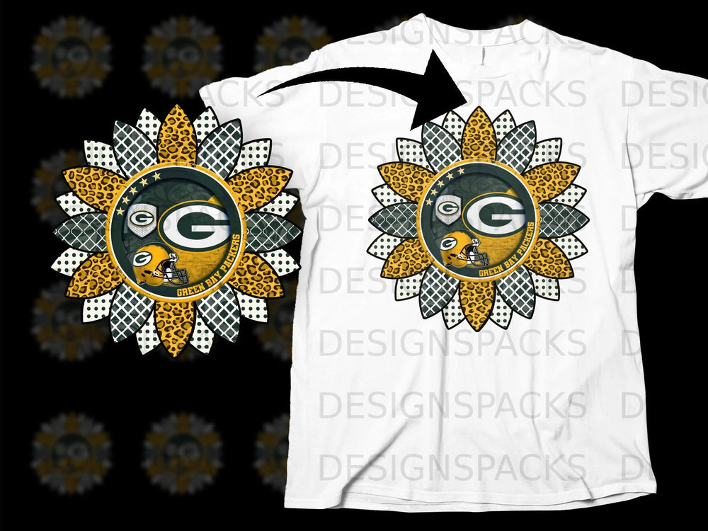 Green Bay Packers sunflower graphic on a white t-shirt with watermark overlay.