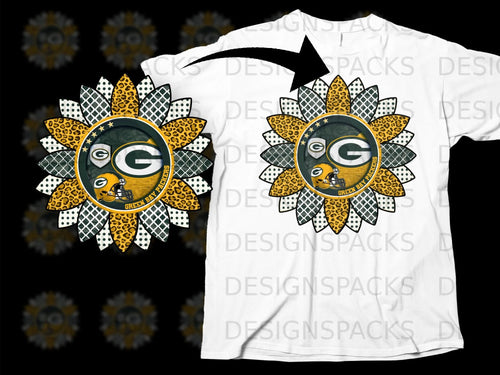 Green Bay Packers sunflower graphic on a white t-shirt with watermark overlay.