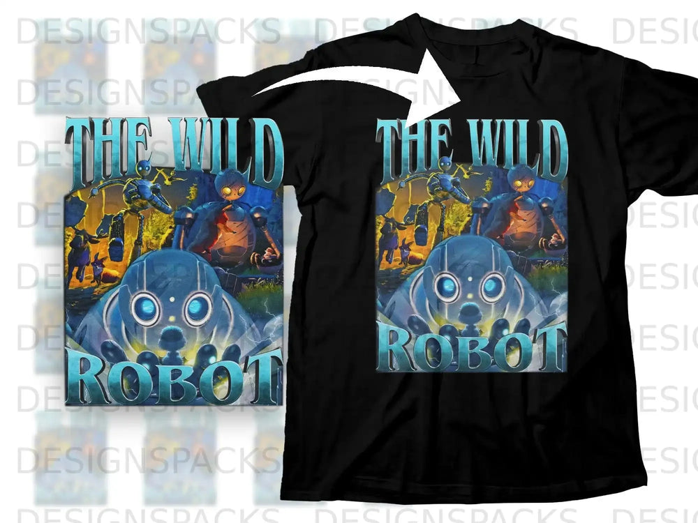 Black t-shirt with "The Wild Robot" graphic featuring a blue robot.