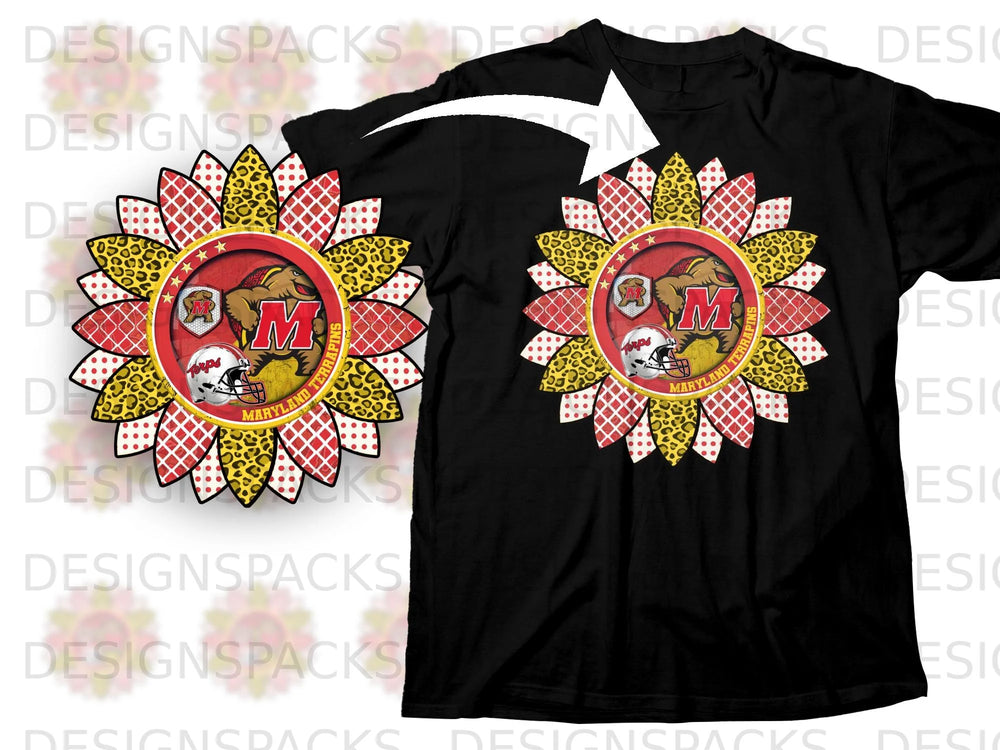 Black t-shirt featuring a sunflower graphic with Maryland Terrapins logo and football helmet.
