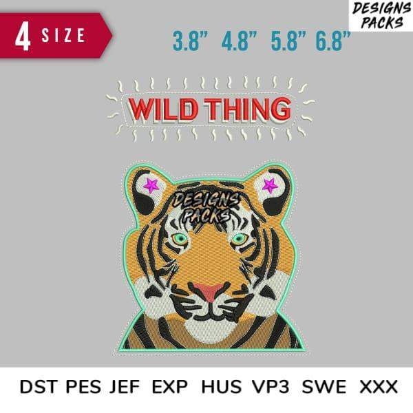 Wild Thing tiger embroidery design in 4 sizes, print-ready formats for DTF, DTG, and tumbler wraps.