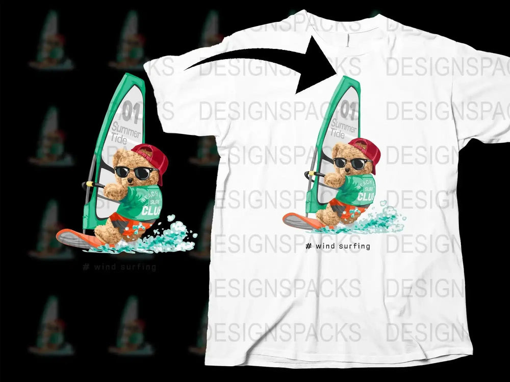 Wind Surfing Teddy Bear Beach Club Fun Png Digital Download