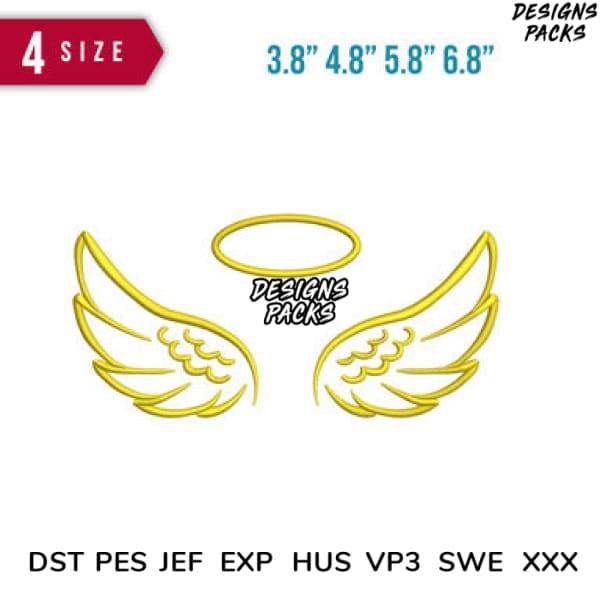 Golden angel wings and halo embroidery design in 4 sizes, compatible with DST PES JEF formats