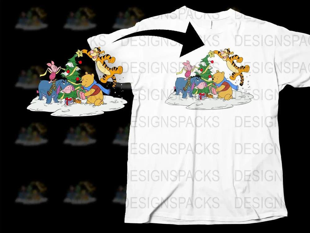 Winnie the Pooh and Friends Christmas T-Shirt, Holiday Graphic Tee for Family, Cute Cartoon Festive Apparel