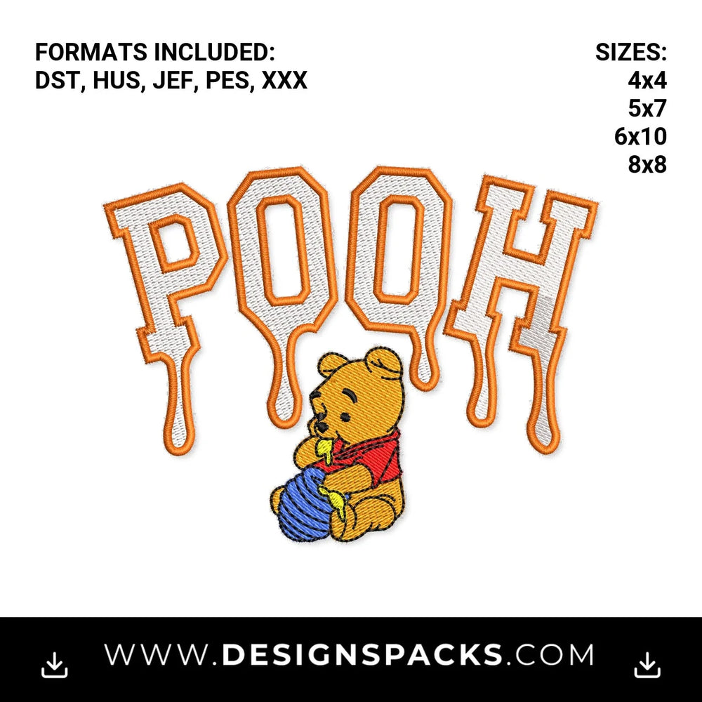 Winnie the Pooh Dripping Honey Letters Embroidery Design - Instant digital download pattern at Designspacks.com
