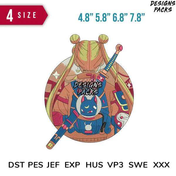 Embroidery design featuring anime character with katana, available in multiple sizes and formats