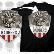 Black t-shirt featuring a Wisconsin Badgers logo with a badger mascot and camouflage background.