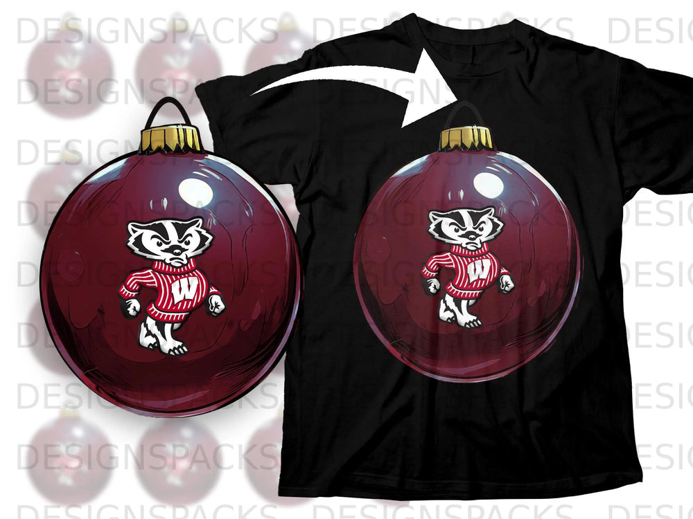 Two deep red Christmas ornaments featuring a badger mascot wearing a striped sweater with a "W".