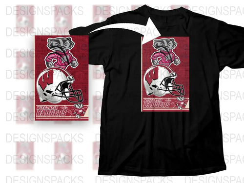 Wisconsin Badgers T-Shirt, College Football Logo, Red Black Sports Fan Apparel