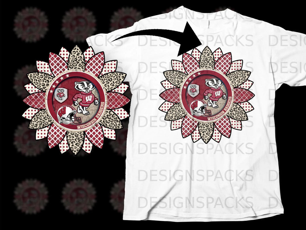 Wisconsin Badgers sunflower design with badger, helmet, and school logos.