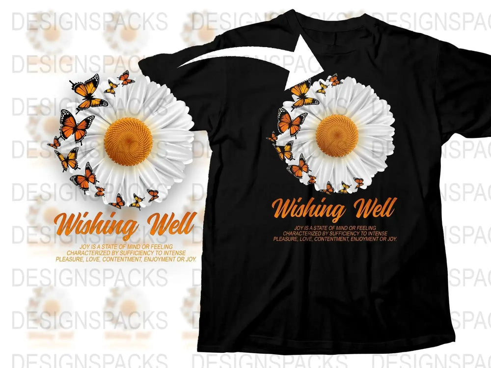Wishing Well Joyful Daisy and Butterflies Png Digital Download