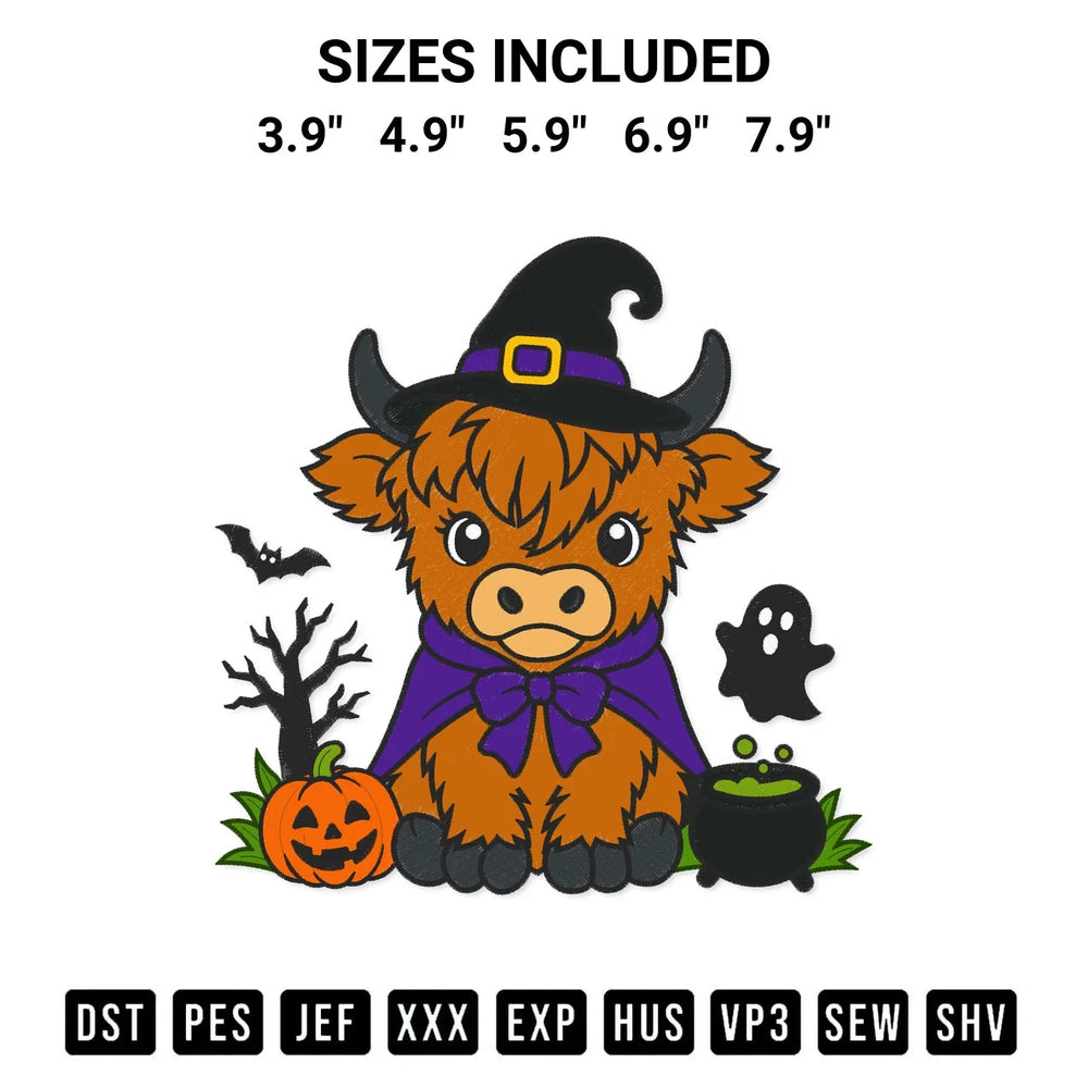 Witch Highland Cow Halloween Embroidery Design