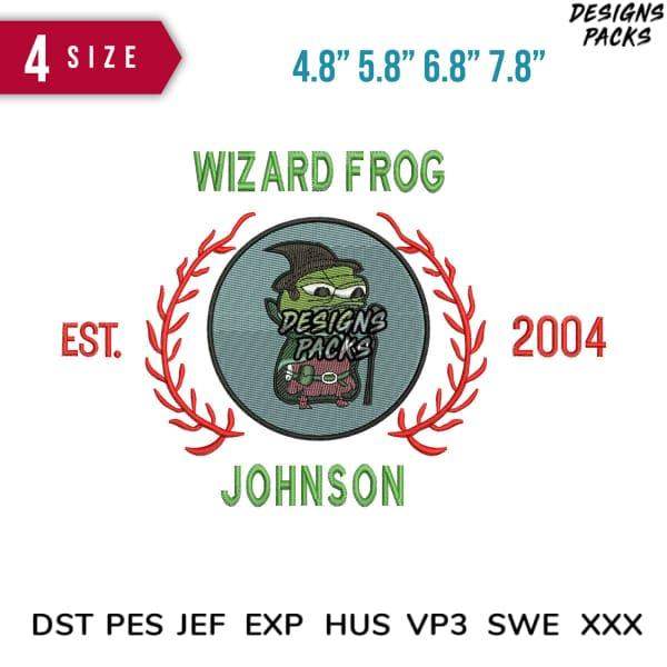 Wizard Frog embroidery design with laurel wreath, available in 4 sizes and multiple file formats for instant download.