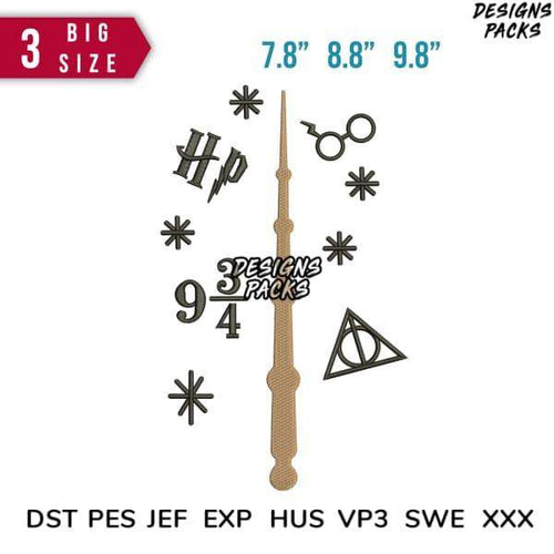 Harry Potter embroidery design bundle with wand, glasses, Deathly Hallows, and HP logo in 3 sizes for machine embroidery