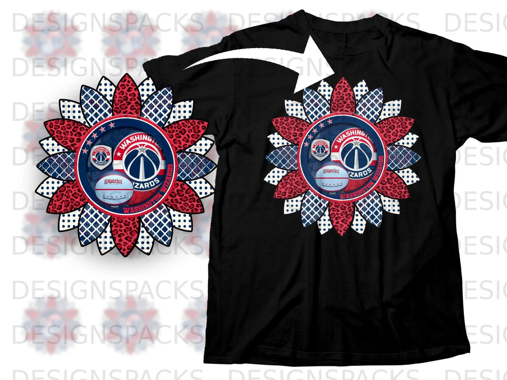 Washington Wizards sunflower graphic with leopard print and plaid petals on a black t-shirt.