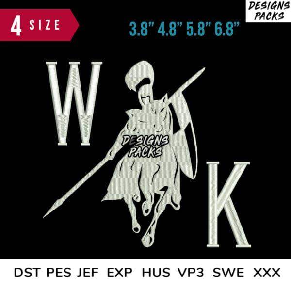 Knight embroidery design with 'W' and 'K' letters, 4 sizes, DST PES JEF formats for DTF DTG printing