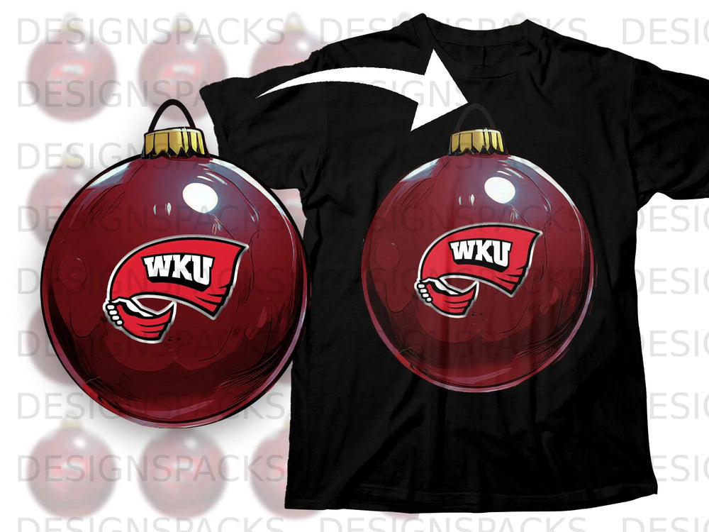 Red Christmas ornament with WKU logo on a black t-shirt.