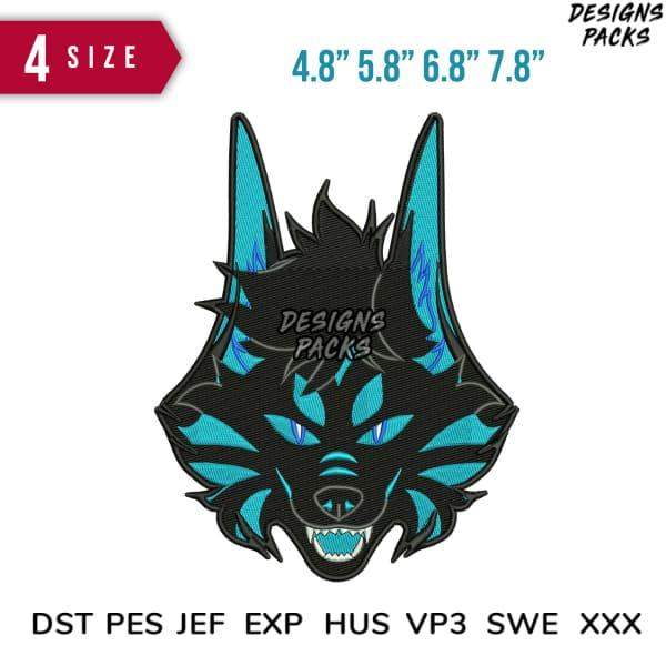 Embroidery design of fierce wolf head in black and teal, available in 4 sizes and multiple file formats
