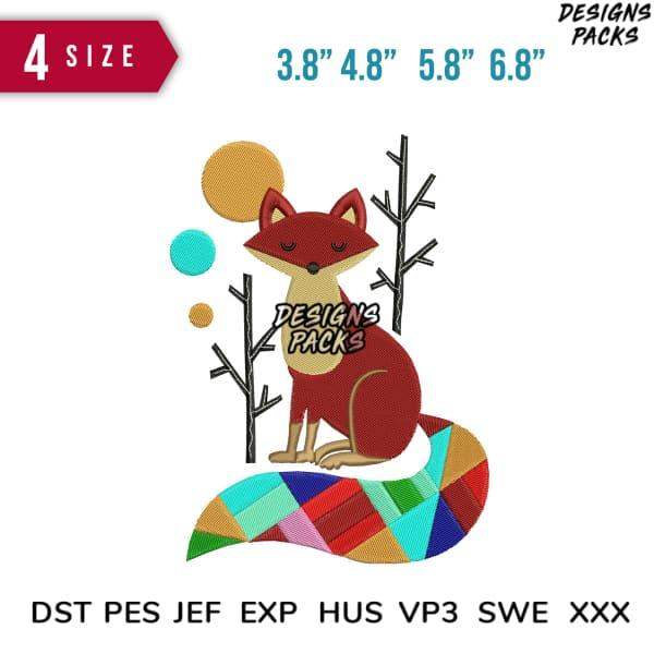 Fox embroidery design with colorful tail, available in multiple sizes and formats