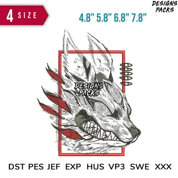 Wolf head embroidery design in multiple sizes, compatible with DST PES JEF formats for instant download.