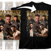 Black t-shirt featuring a collage of Wolverine poses with the "WOLVERINE" text.
