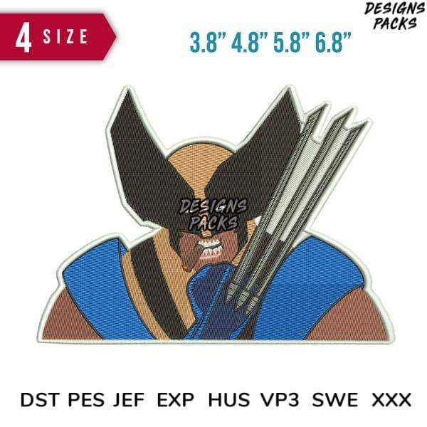 Wolverine embroidery design in 4 sizes, compatible with DST PES JEF formats for machine embroidery projects.