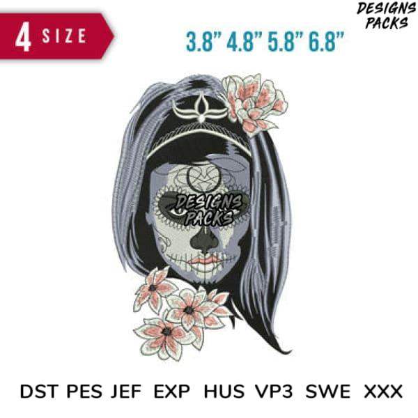 Sugar skull girl embroidery design with flowers, available in 4 sizes & formats like PES, DST for machine embroidery