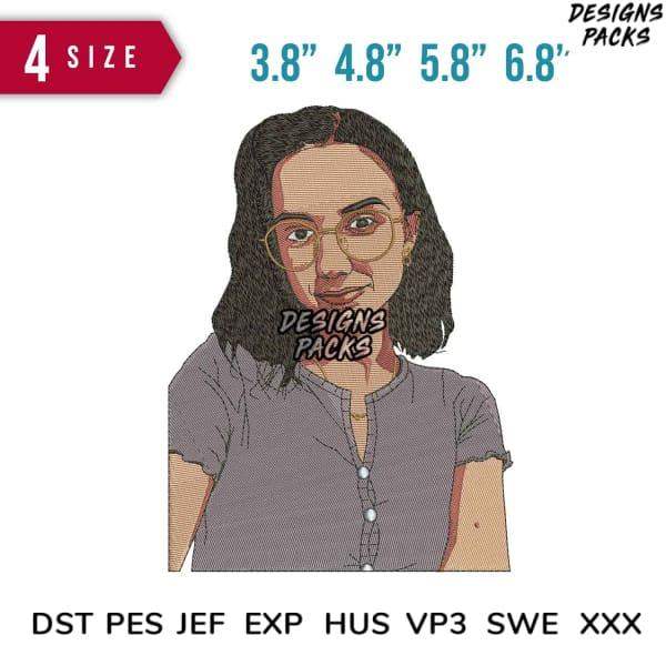 Embroidery design of woman with glasses, available in 4 sizes & multiple formats (DST, PES, JEF, etc.)