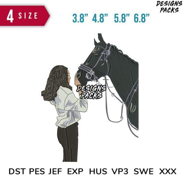 Embroidery design of woman petting horse, available in multiple sizes and formats