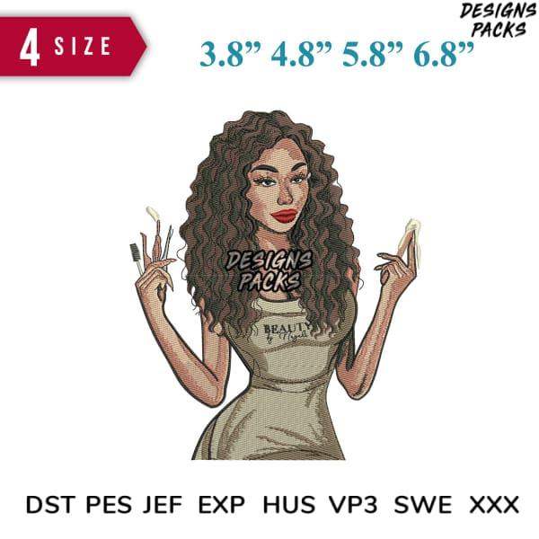 Embroidery design of woman with curly hair holding makeup brushes, available in 4 sizes and multiple file formats