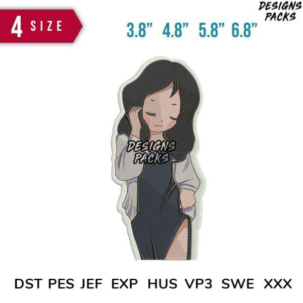 Cute anime girl embroidery design in 4 sizes, compatible with DST PES JEF formats for machine embroidery projects.