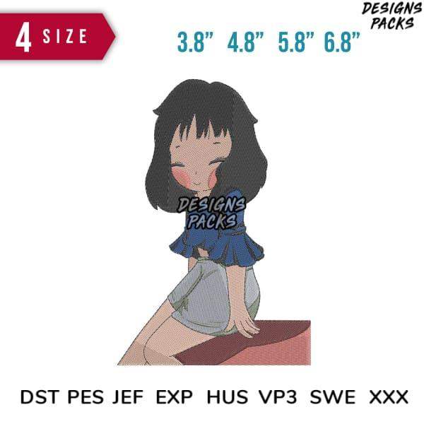 Cute anime girl embroidery design in 4 sizes, DST PES JEF formats for instant download