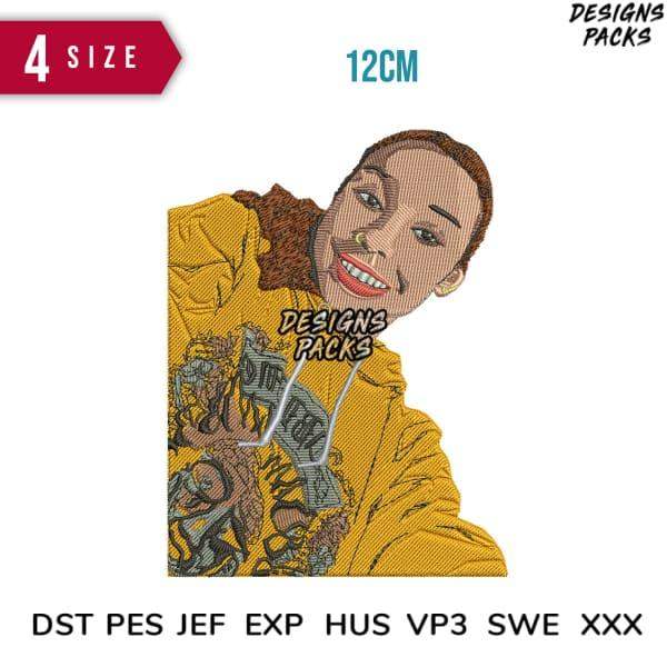 Embroidery design of smiling person in yellow hoodie, 12cm size, DST PES formats, print-ready