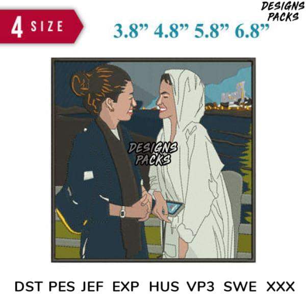 Embroidery design of two women smiling, available in DST PES JEF formats, 4 sizes for instant download