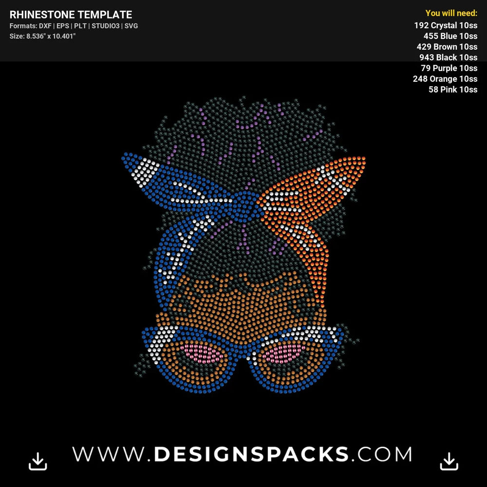 Women Messy Bun Football Bandana Rhinestone Digital Template