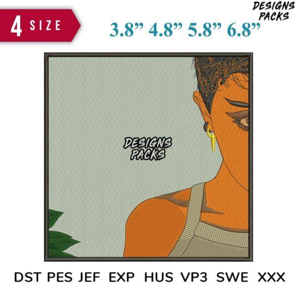 Embroidery design of woman's profile in orange tones, available in 4 sizes & formats: DST, PES, JEF, EXP, HUS, VP3, SWE, XXX
